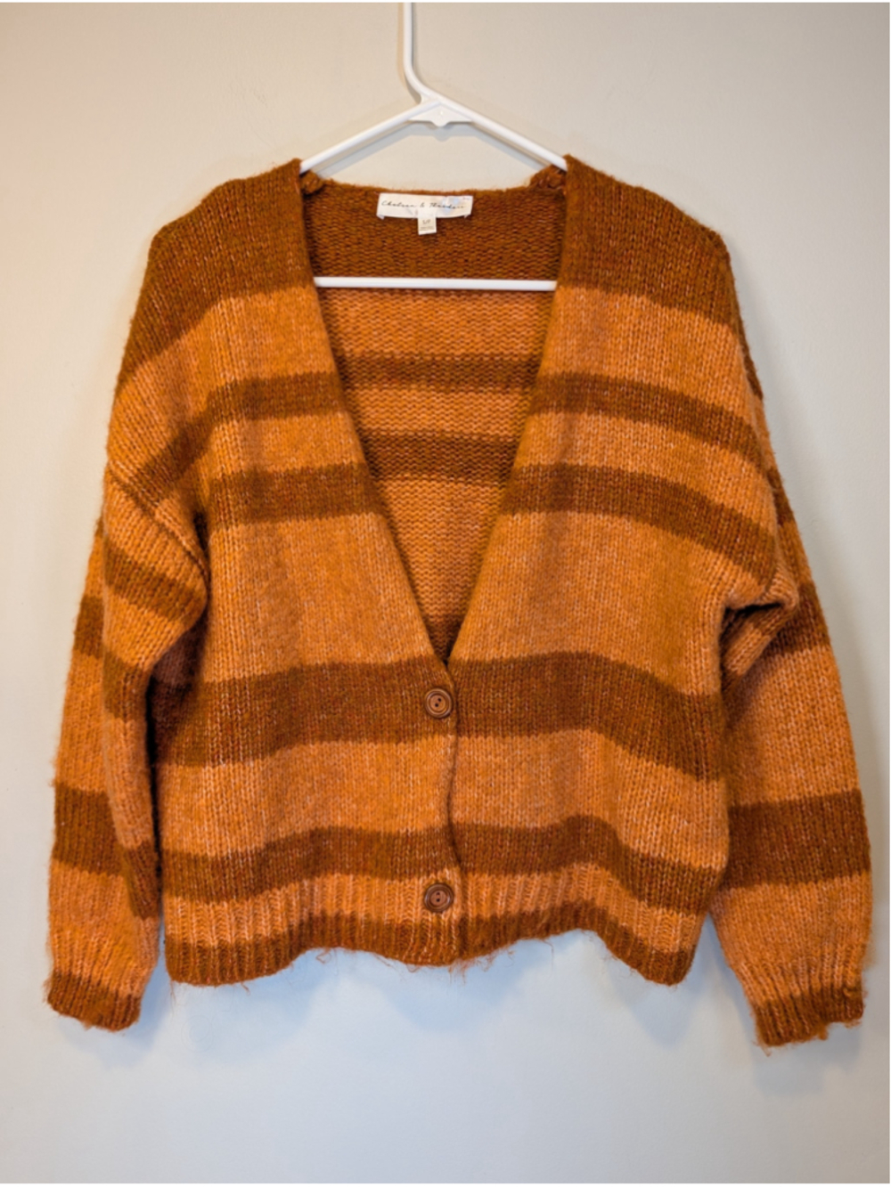 Chelsea Theodore Orange Brown Striped Knit Cardigan Sweater Cozycore Small